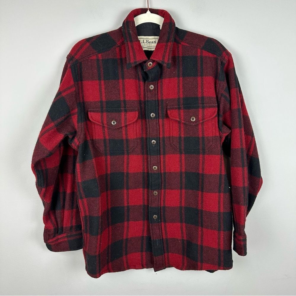 Vintage LL Bean Shirt Jacket Men's Buffalo Plaid Wool Blend Red Black Size M